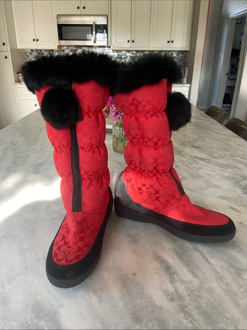 Coach Red Quilted Winter Boots with Black Fur Trim and Pom Poms